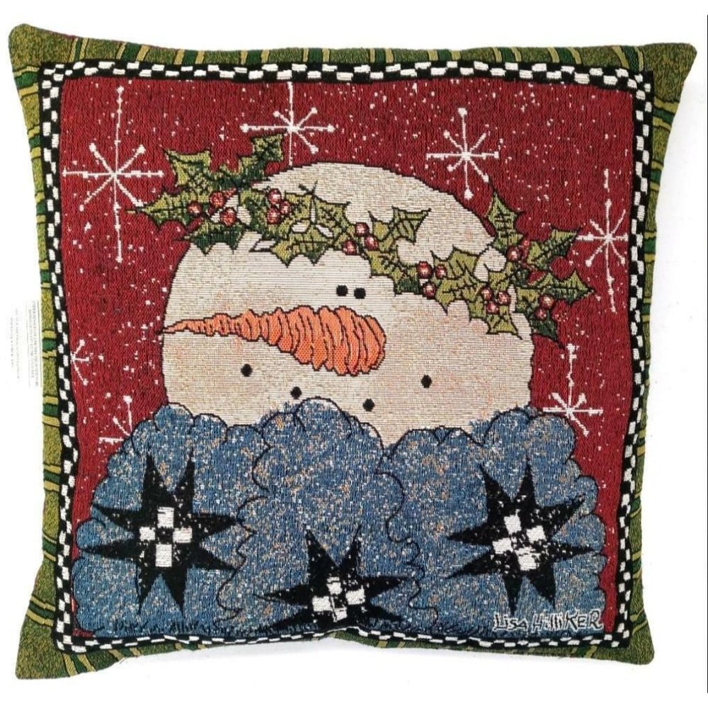 Lisa Hilliker Snowman Pillow Vintage Red Green Tapestry Mohawk USA One Fuzzy